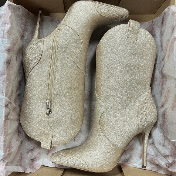 Jessica Simpson Cicee Stiletto Western Boots Champagne Micro Flash Sz 7 Sparkle - Picture 5 of 8